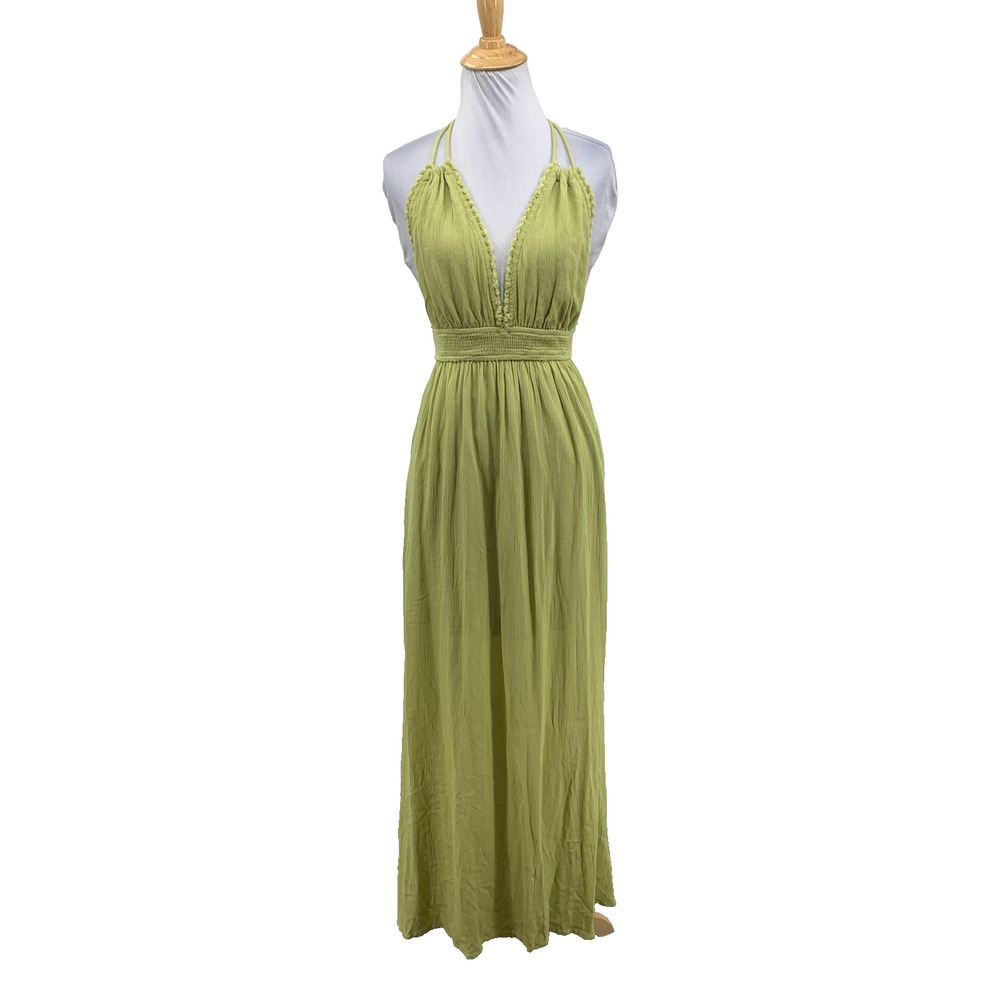 Papermoon Dress Womens S Small Tarragon Cheesecloth Halter V Neck Smocked Maxi